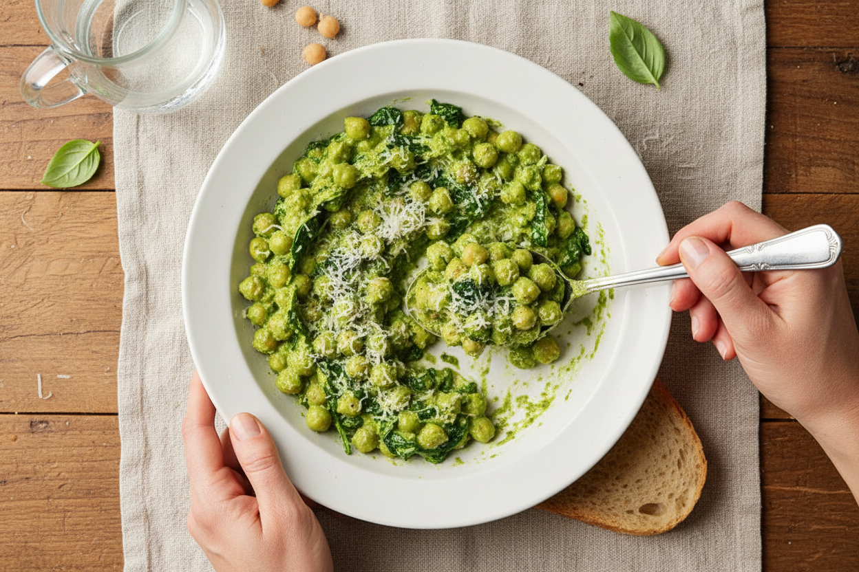 Creamy High Protein Pesto Chickpeas (Blended Cottage Cheese)