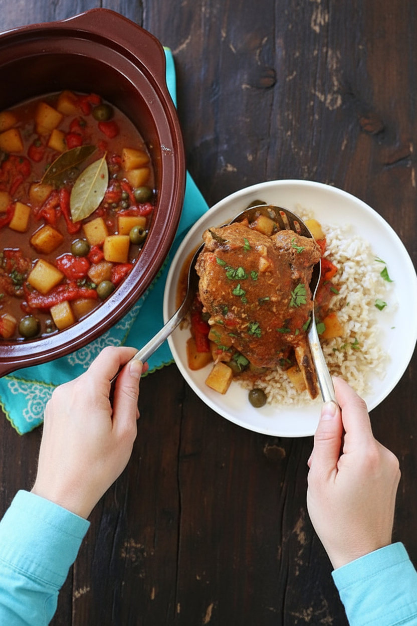 Crock Pot Sazon Pork Chops with Peppers, Olives and Potato