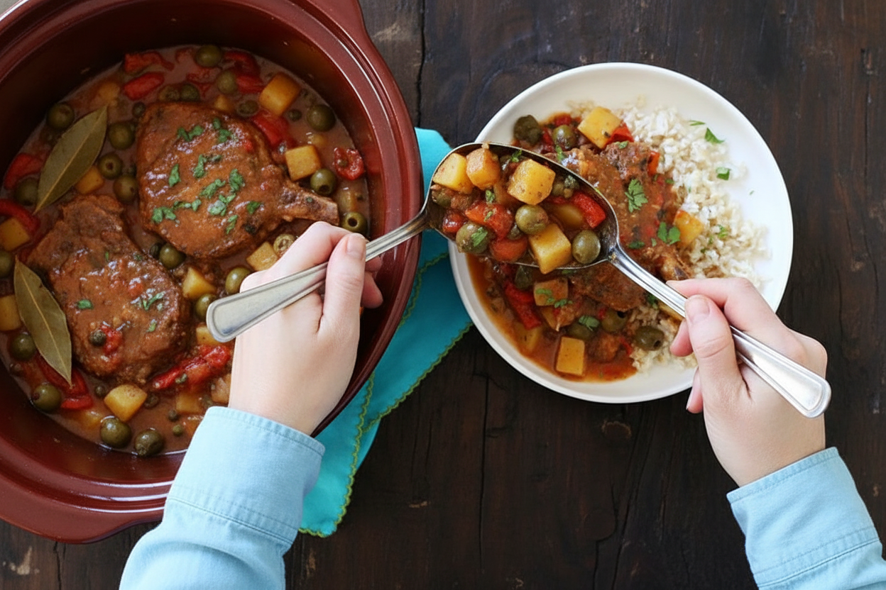 Crock Pot Sazon Pork Chops with Peppers, Olives and Potato