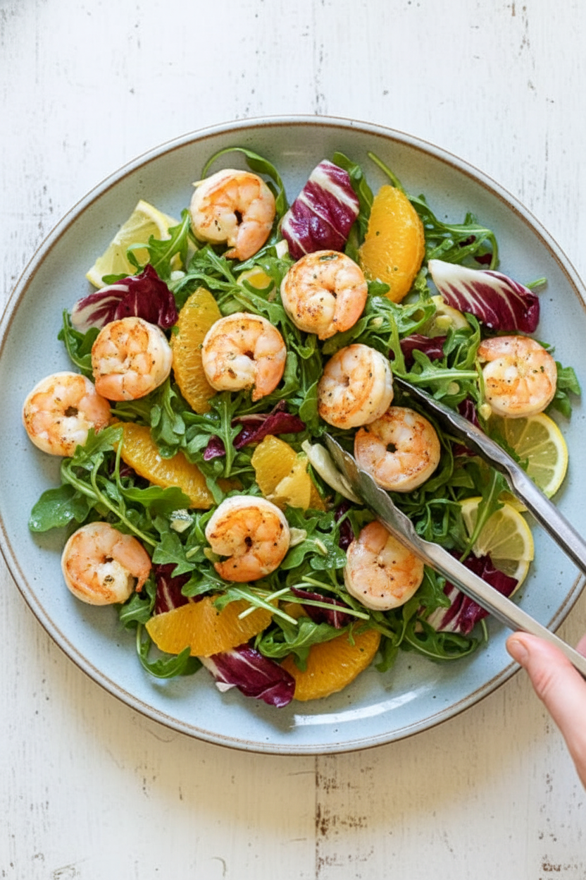 Grilled Shrimp Salad with Orange, Endive, Baby Arugula and Radicchio