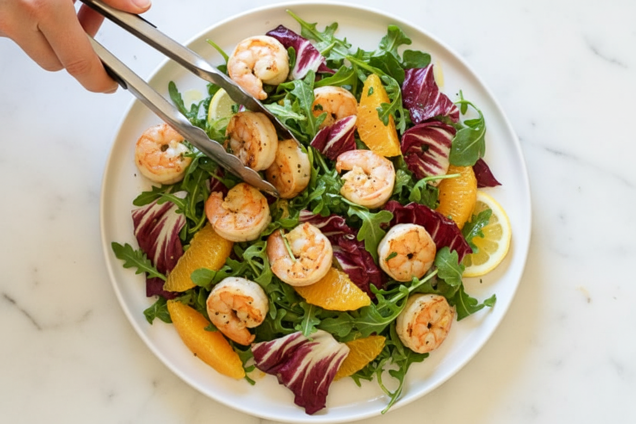 Grilled Shrimp Salad with Orange, Endive, Baby Arugula and Radicchio