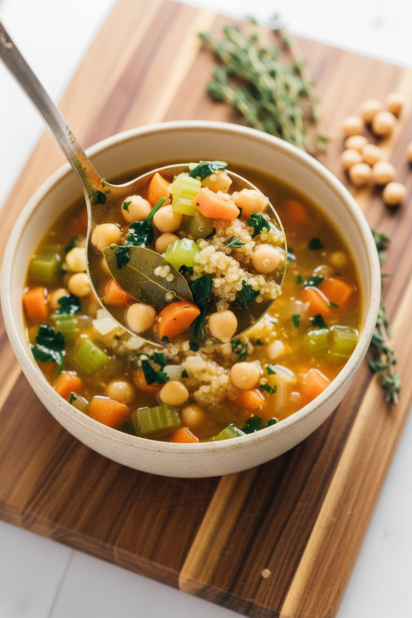 Healthy Quinoa Vegetable Soup w/ Chickpeas (under 30 minutes)