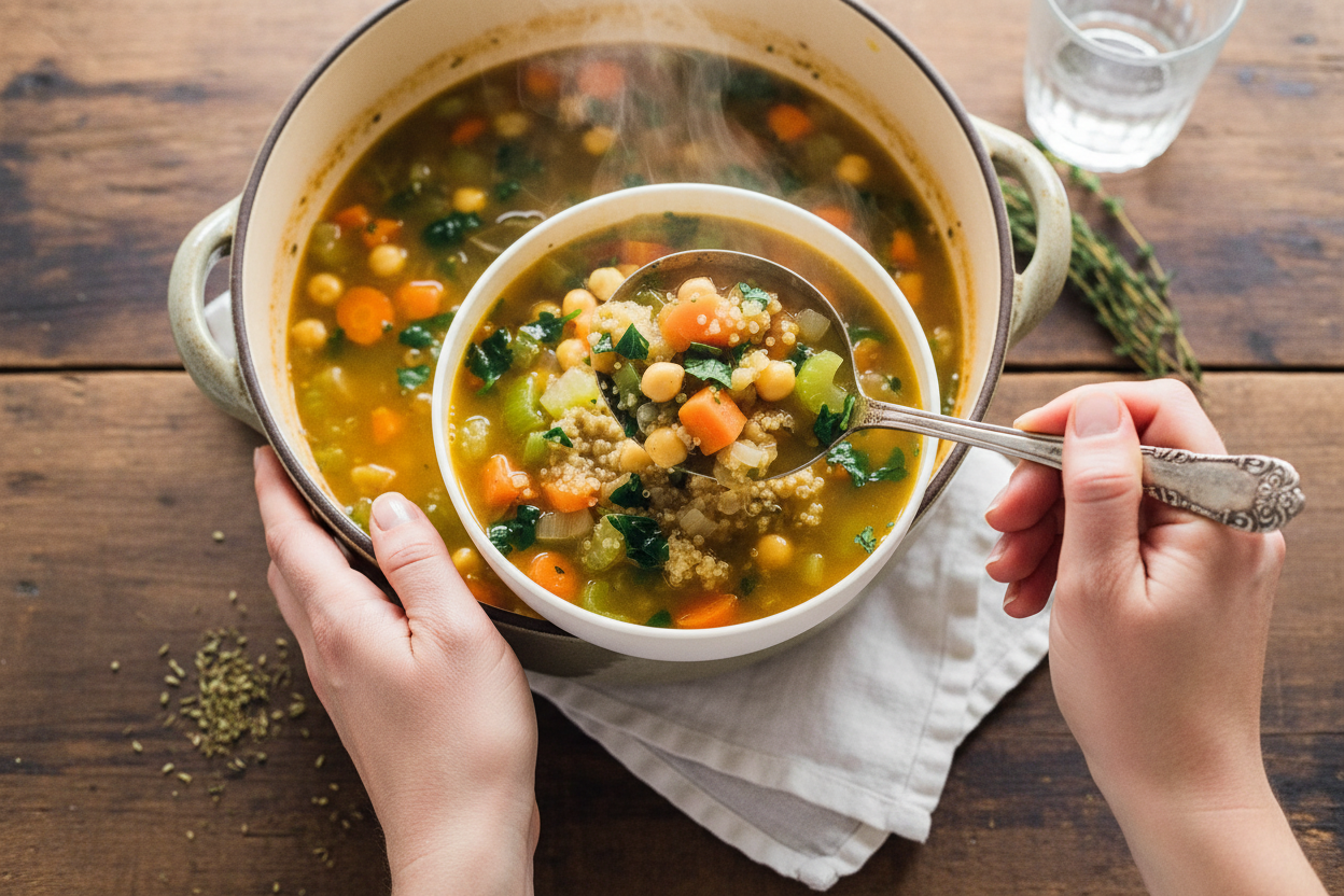 Healthy Quinoa Vegetable Soup w/ Chickpeas (under 30 minutes)
