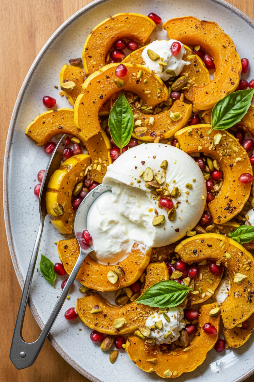 Roasted Delicata Squash with Burrata, Pomegranate and Pistachios