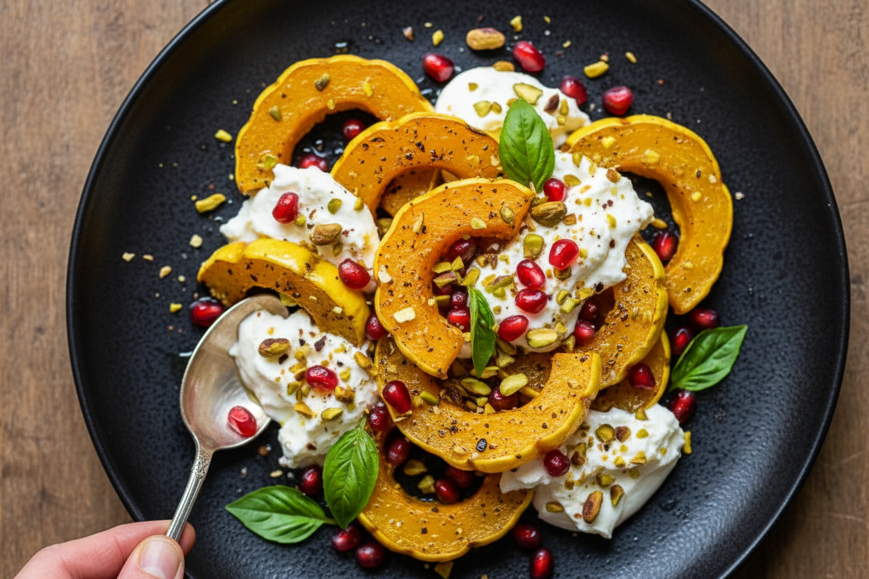 Roasted Delicata Squash with Burrata, Pomegranate and Pistachios