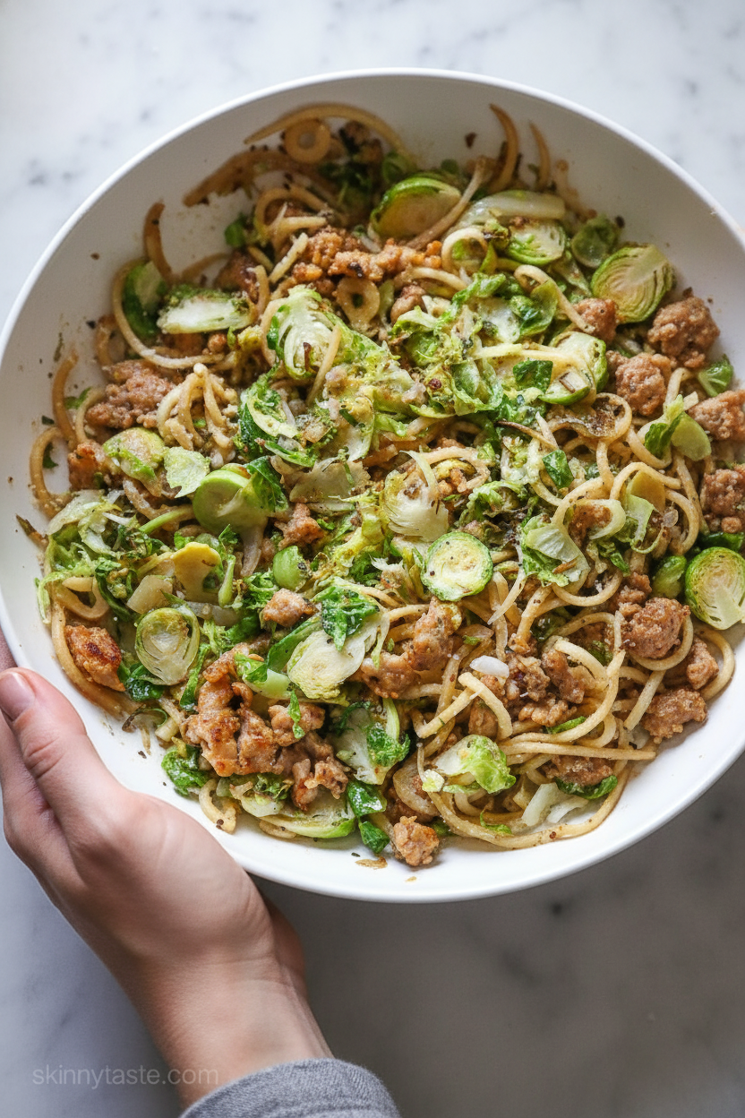 Brussel Sprout and Sausage Spiralized Parsnips