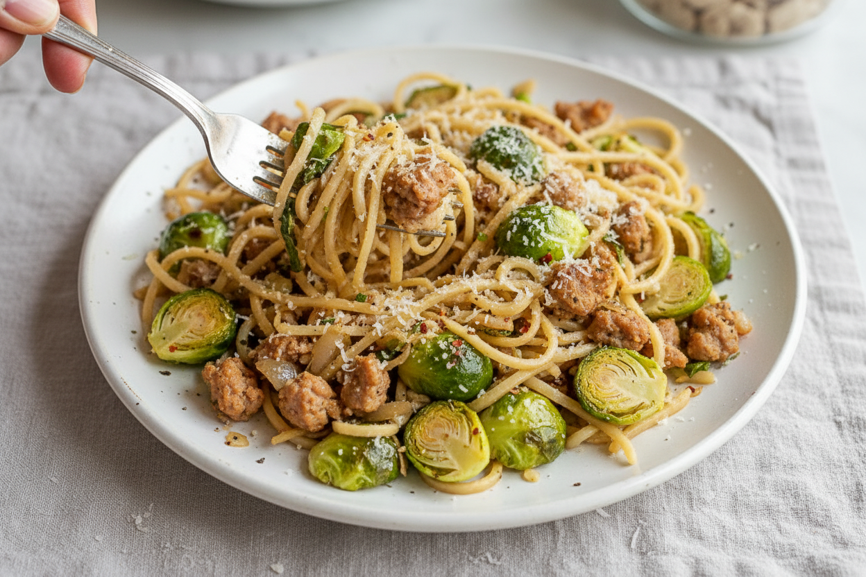 Sausage and Brussels Sprout Spiralized Parsnip Recipe