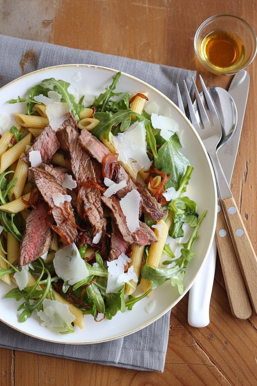 Steak & Caramelized Onions with Arugula and Pasta