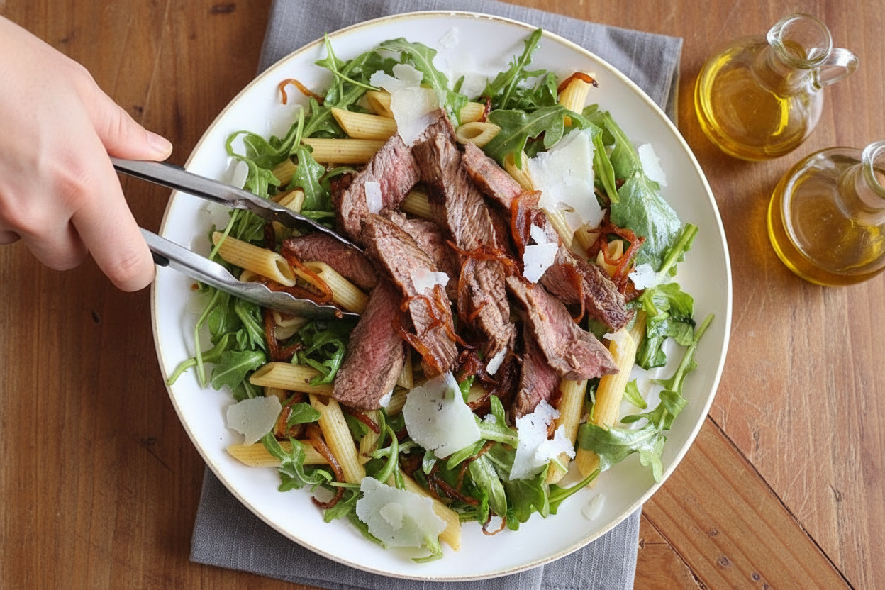 Steak & Caramelized Onions with Arugula and Pasta