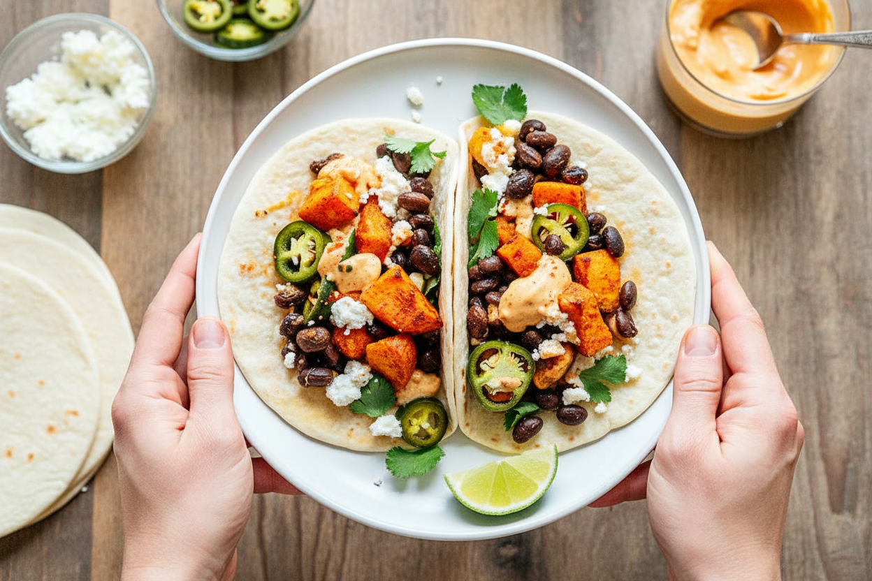 Sweet Potato And Black Beans Tacos (With Chipotle Cream Sauce)
