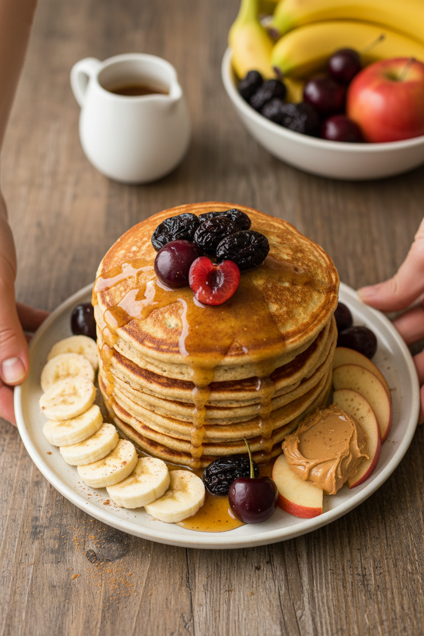 Whole Wheat Banana Protein Pancakes with Spiced Prune Syrup