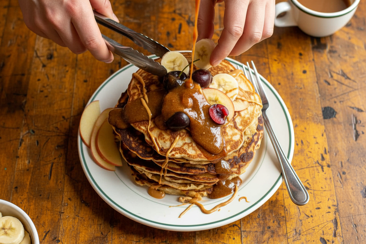 Whole Wheat Banana Protein Pancakes with Spiced Prune Syrup