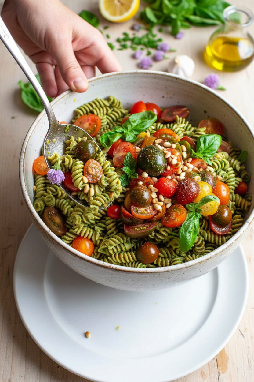 Whole Wheat Pasta Salad With Pesto & Cherry Tomatoes