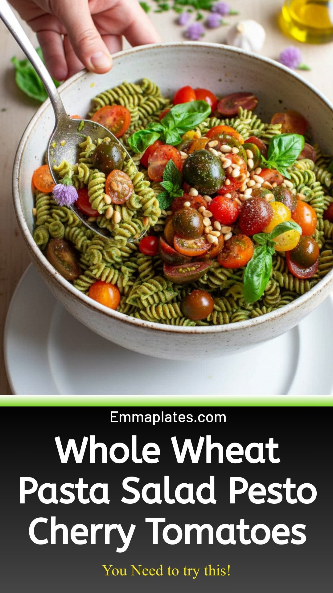 Whole Wheat Pasta Salad With Pesto & Cherry Tomatoes
