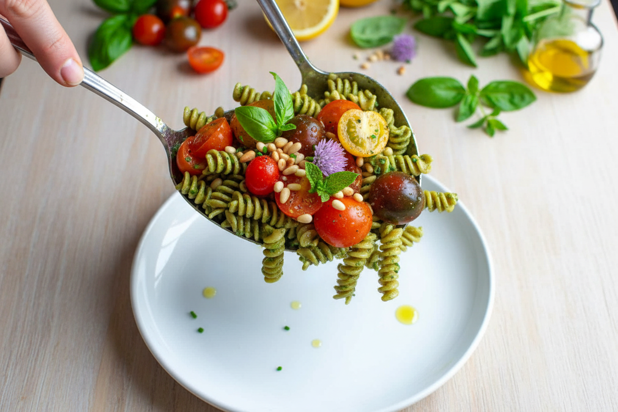 Whole Wheat Pasta Salad With Pesto & Cherry Tomatoes