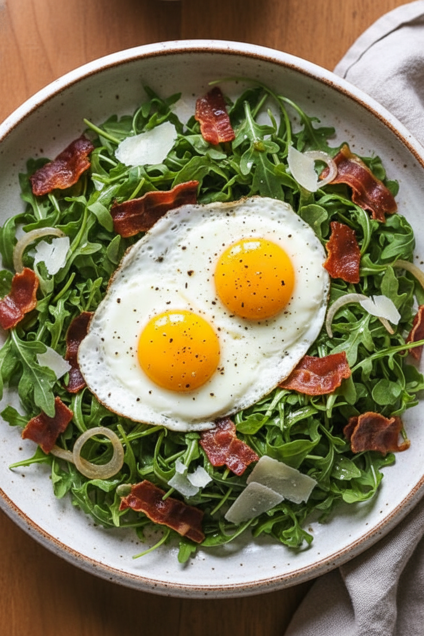 Arugula Salad with Crispy Proscuitto, Parmesan and Fried Eggs