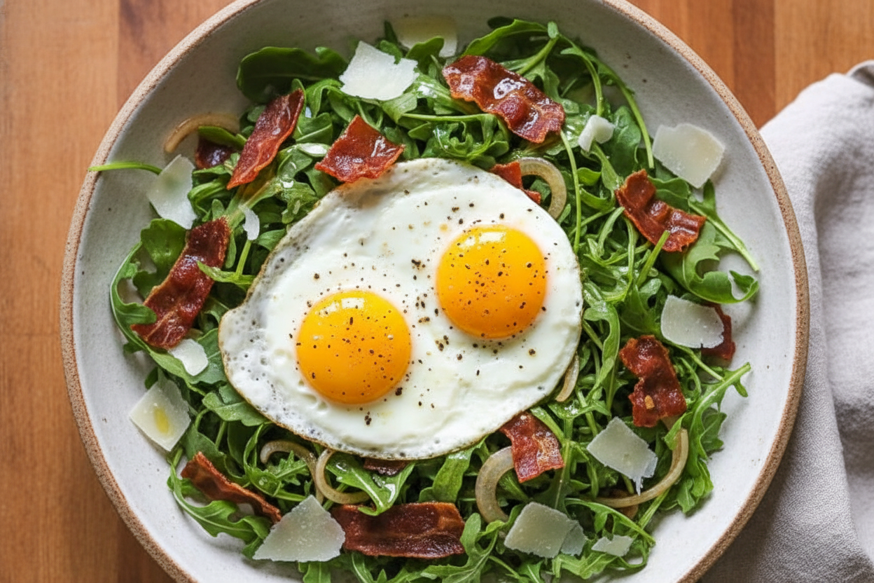 Arugula Salad with Crispy Proscuitto, Parmesan and Fried Eggs