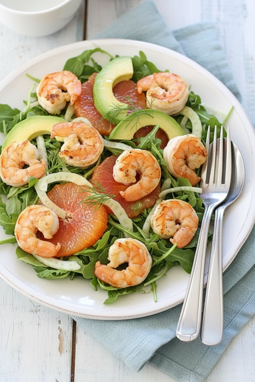 Grilled Shrimp Avocado Fennel and Orange Salad