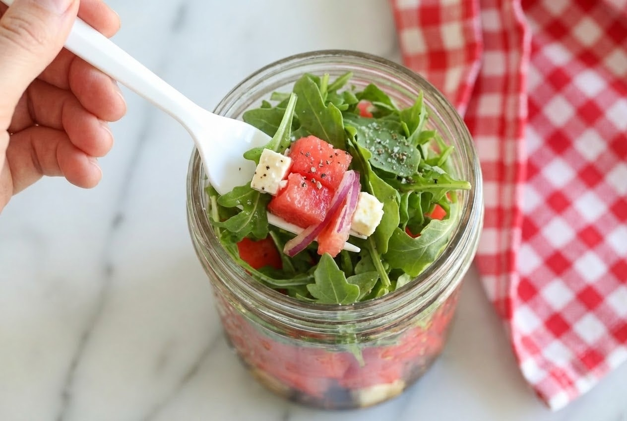 Watermelon Feta Arugula Salad in Jars