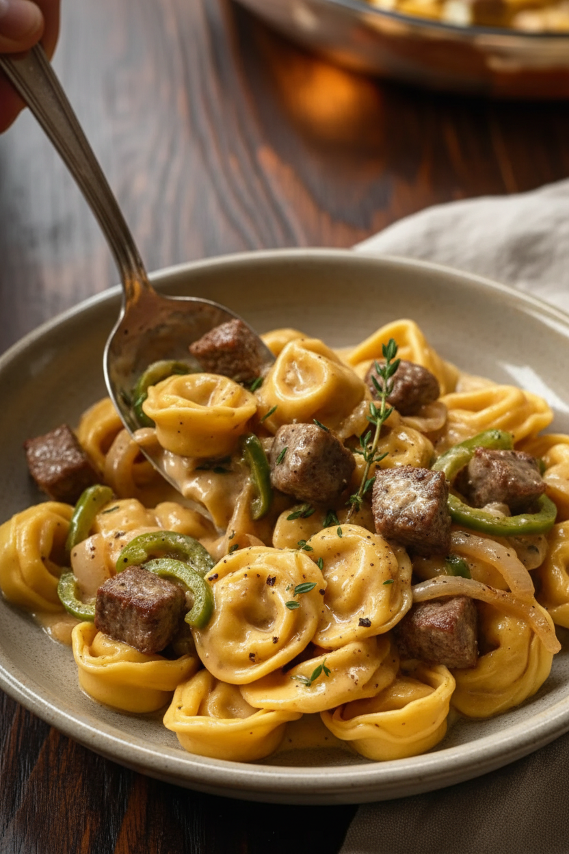 Cheesesteak Tortellini in Creamy Provolone Sauce Delight