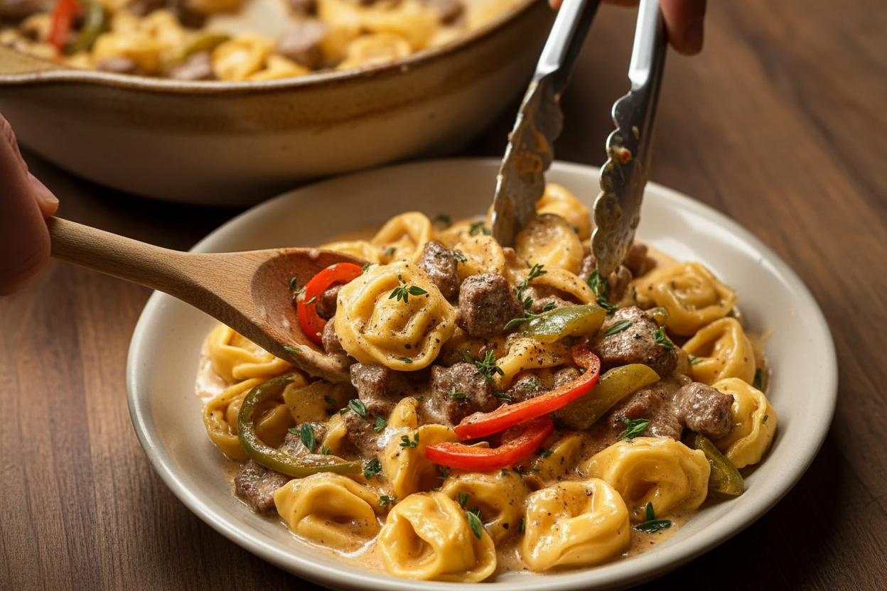 Cheesesteak Tortellini in Creamy Provolone Sauce Delight: Cheesesteak Tortellini in Creamy Provolone Sauce