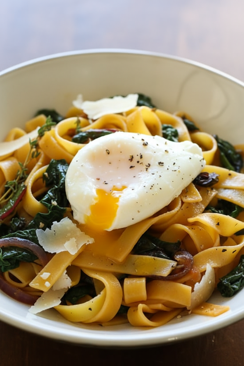 Fettuccini with Winter Greens and Poached Egg