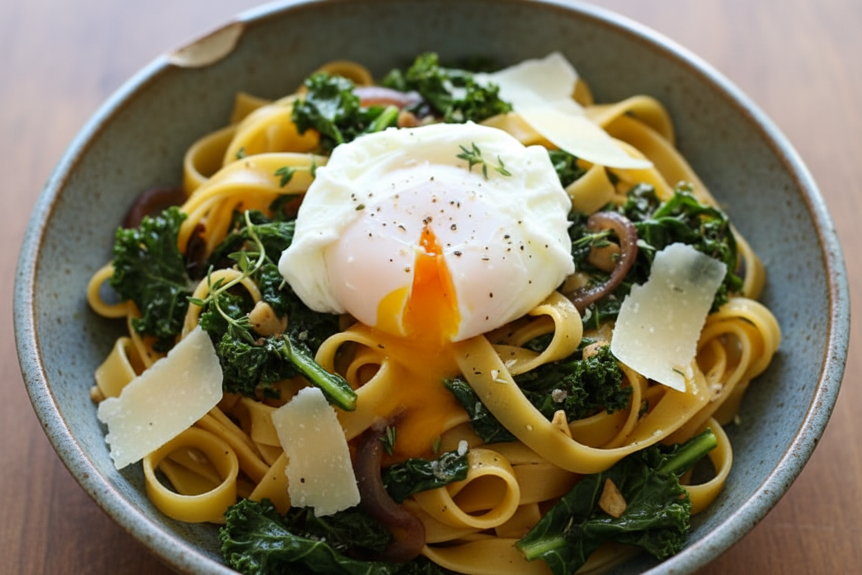 Fettuccini with Winter Greens and Poached Egg
