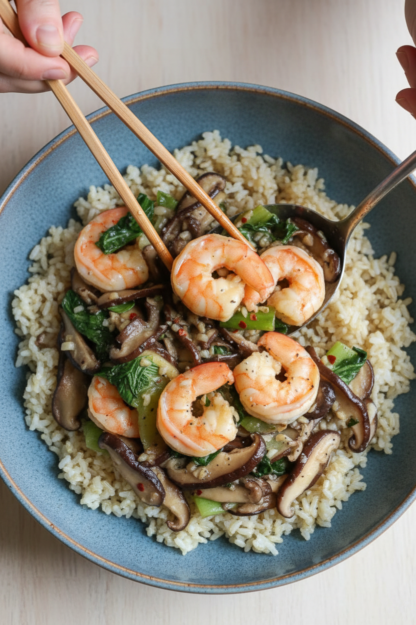 Garlicky Shrimp Stir-fry with Shiitakes and Bok Choy