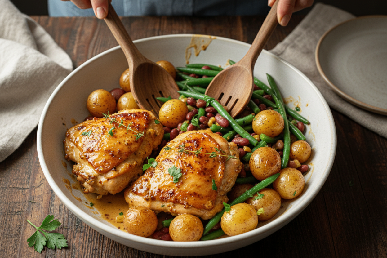 Delicious Honey Mustard Chicken, Beans and Potatoes Recipe: Honey Mustard Chicken with Beans and Potatoes