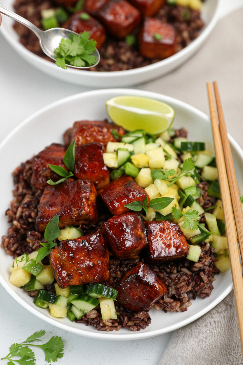 Korean BBQ Crispy Salmon Bowl with Pineapple Salsa