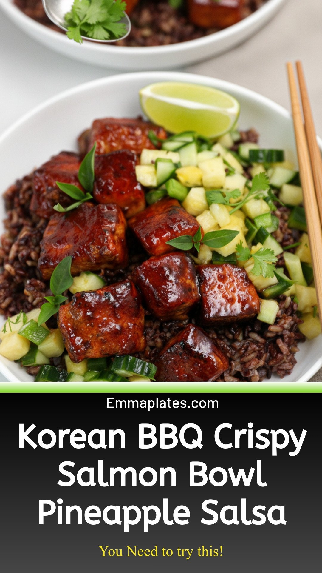 Korean BBQ Crispy Salmon Bowl with Pineapple Salsa