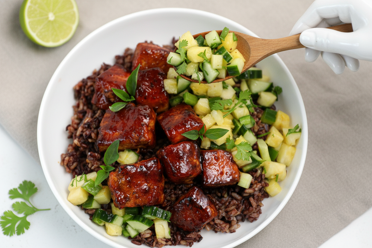 Korean BBQ Crispy Salmon Bowl Pineapple Salsa