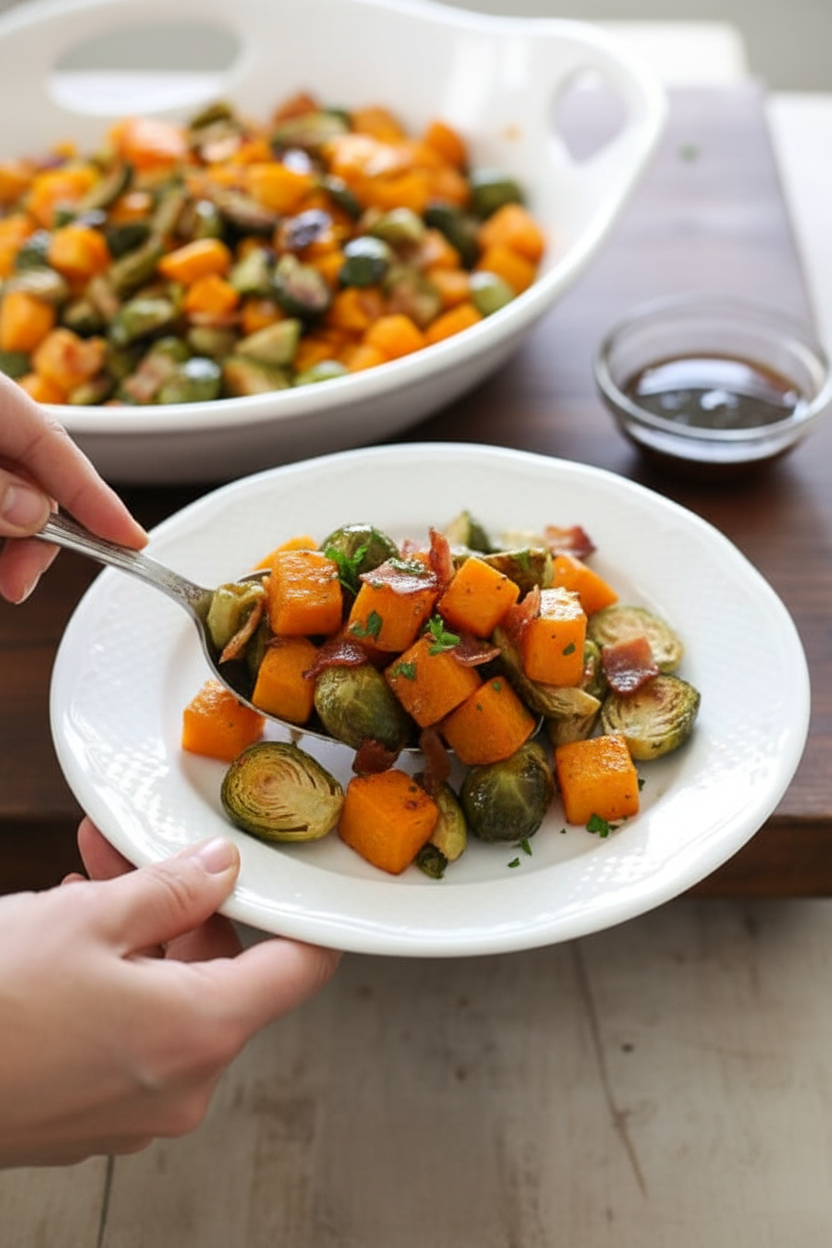 Maple Soy Glazed Roasted Brussels Sprouts and Butternut Squash with Bacon