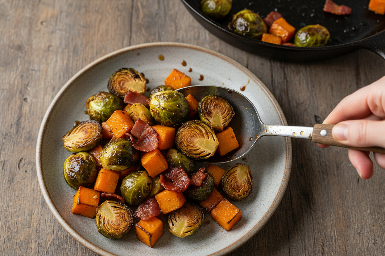 Maple Soy Glazed Roasted Brussels Sprouts and Butternut Squash with Bacon: Maple Soy Roasted Brussels Sprouts Butternut Squash Bacon