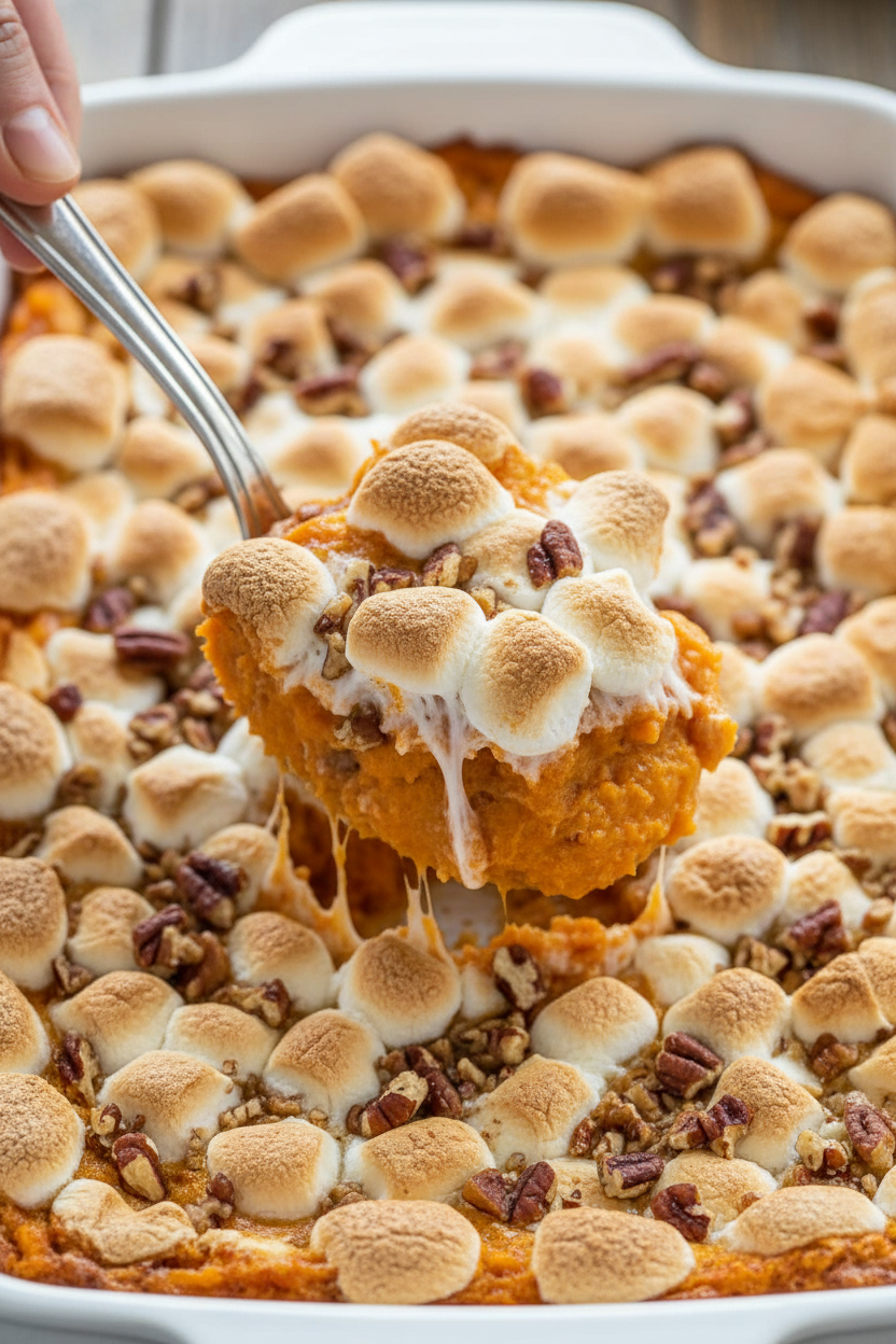 Sweet Potato Casserole with Marshmallow Pecan Topping