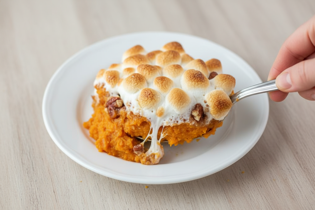 Sweet Potato Casserole with Marshmallow Pecan Topping